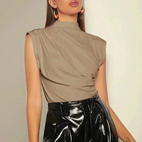 Khaki Elegant Women's Mock Neck Ruched Tank Top Workwear - Picture 4 of 6